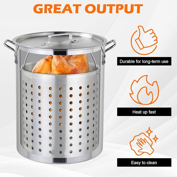 30 Qt Outdoor Round Turkey Deep Fryer Pot,Gas Propane Turkeys Fryer Set,Aluminum Seafood Boil Pot,Turkey Deep Fryers Set,with Propane Gas Burner and Basket,for Crab Lobster Shrimp Boiling (Silver)