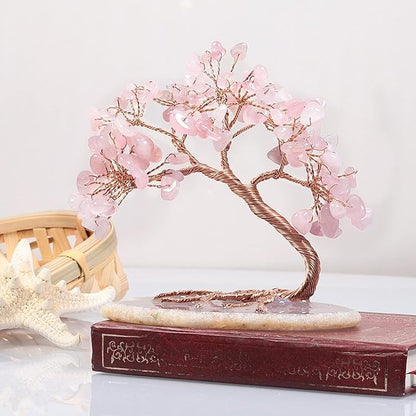 TUMBEELLUWA Reiki Crystal Money Tree with Agate Slice Base Feng Shui Stone Bonsai Tree Figure Decor for Happiness Good Luck and Wealth, Rose Quartz