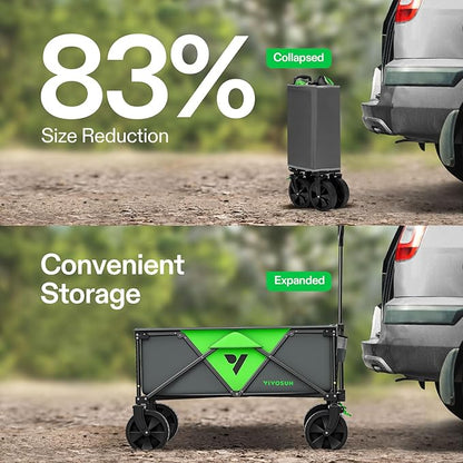 VIVOSUN Collapsible Folding Wagon, Outdoor Utility with Silent Universal Wheels, Cup Holders & Side Pockets, Adjustable Handle, for Camping, Garden, Sports, Picnic, Shopping, 220LBS, Grey & Green