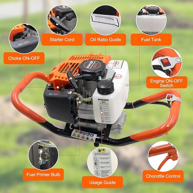 62CC Newly Upgraded Post Hole Digger Gas Powered, 2 Stroke Auger Post Hole Digger with 3 Drill Bits (4" & 6" & 12") + 2 Extension Rod for Planting - Ideal for Farm & Garden