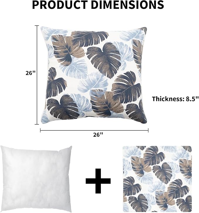 2 Pack Outdoor Throw Pillows 26x26 Inch Water-Resistant Decorative Pillow Cushions with Insert for Patio Garden Porch, Blue Leaves