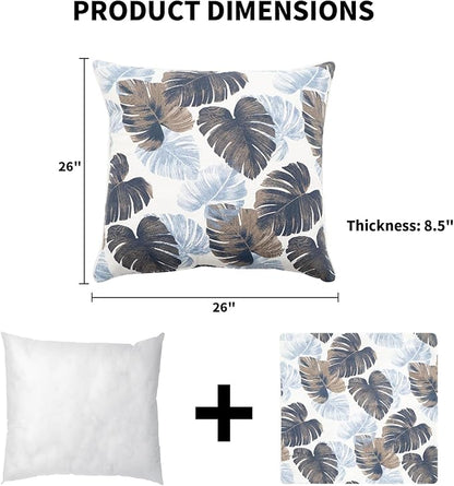 2 Pack Outdoor Throw Pillows 26x26 Inch Water-Resistant Decorative Pillow Cushions with Insert for Patio Garden Porch, Blue Leaves