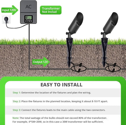 wowlite Landscape Spotlights Outdoor, 12V Low Voltage Landscape Lighting Fixture with 5W MR16 LED Bulb, 2700K Warm White Waterproof Black Aluminum Directional Uplight for Garden Courtyard Pathway