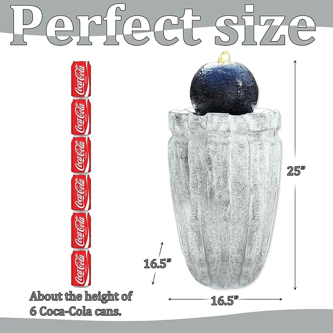 Modern Ball Fountains Outdoor Indoor Cast Stone Sphere Zen Fountain with LED Lights Round Water Features Decor for Garden Patio Living Room Office Black and White 25.6” High
