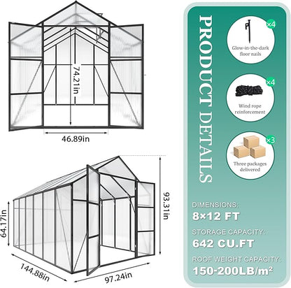 Greenhouse for Outdoors 8x12x7.8FT, Polycarbonate Greenhouse with Stronger Wind Protection and Roof Vent, Walk-in Large Aluminum Sunroom Winter Proof, Black