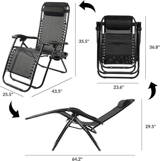 Elevon Zero Gravity Chair Set of 2 with Cup Holder & Removable Pillows, Adjustable Reclining Outdoor Patio Folding Chairs Portable Lounge Chair Furniture for Poolside, Lawn, Beach, Camping, Black