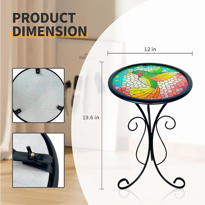 HONGLAND Outdoor Mosaic Side Table, 12" Small Outdoor Table, Round Patio Side Table End Table, Glass Plant Stand, Small Bistro Coffee Table for Garden Patio Porch Living Room （Hummingbird）