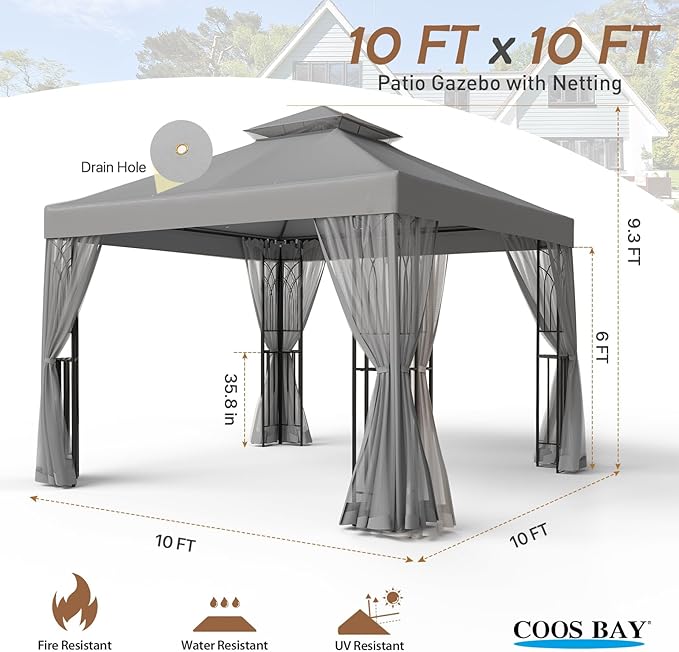 COOS BAY 10x10 Outdoor Patio Gazebo with Netting and Corner Shelves, Two-Tier Soft Top Canopy for Backyard, Lawn, Deck and Garden, Gray