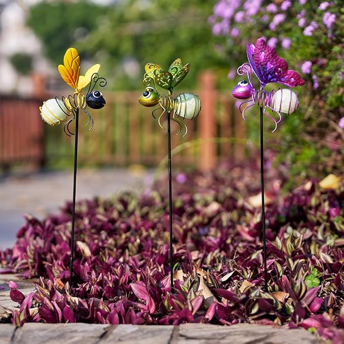 Garden Decor for Outside,3 Pcs Insect Garden Decorative Stakes,Glow in The Dark Bee Metal Yard Art,Waterproof Outdoor Spring Lawn Patio Pathway Decoration for Mom,Women,Grandma