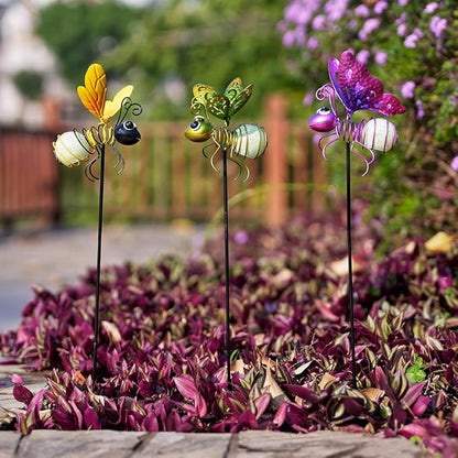 Garden Decor for Outside,3 Pcs Insect Garden Decorative Stakes,Glow in The Dark Bee Metal Yard Art,Waterproof Outdoor Spring Lawn Patio Pathway Decoration for Mom,Women,Grandma