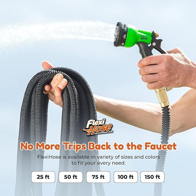 Flexi Hose Lightweight Garden Hose, 50FT - Expandable Hose with 8 Function Nozzle, No-Kink Flexibility, 3/4 Inch Solid Brass Fittings and Double Latex Core