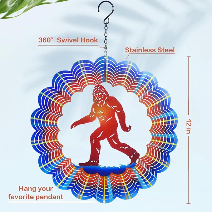 Bigfoot Wind Spinners Big Foot Sasquatch Gifts for Women/Men 12 inch 3D Stainless Steel Hanging Wind Spinner Metal Wind Catchers Kinetic Sculpture for Indoor/Outdoor Decor, Yard Art, Garden Decoration
