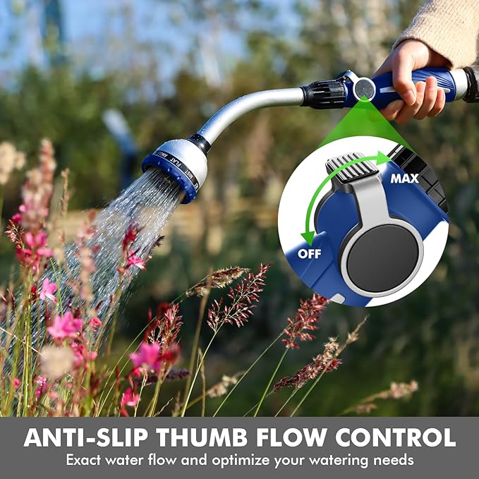 RESTMO Watering Wand Heavy Duty, Metal Garden Hose Wand with 10 Spray Patterns, 15-Inch Long Hose Nozzle Sprayer with Thumb Flow Control, Ideal to Water Hanging Baskets and Shrubs, Blue