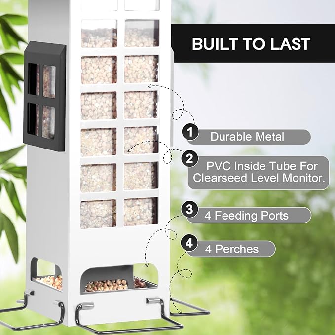 Squirrel Proof Bird Feeder, Metal Bird Feeders for Outdoors Hanging,2LB Large Capacity Gravity Protection Squirrel-Proof Mesh Wild Bird Feeders with Finch Cardinal Chickadee-White