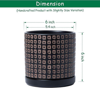 D'vine Dev Set of 2 Ceramic Planter Pots with Drainage Hole and Saucer, 6 Inch Plant Pots for Plants Indoor Houseplants, Black, 99-Z-A-2-Y