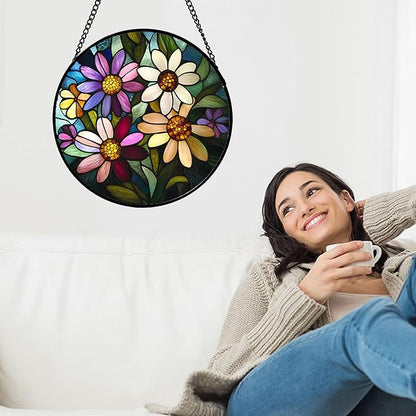 Stained Glass Window Hanging - Colorful Daisies Suncatcher for Door Garden Patio Retro Flower Sun Catchers Decor Christmas Mother's Day Birthday Gifts for Women Mom Nana Aunt Friend 15 in