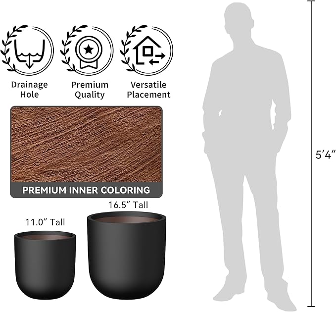 Kante 16.5" Round Concrete Planter, Large Cylinder Plant Pot with Curved Bottom and Drainage Hole, for Indoor and Outdoor Use – Garden or Patio, Black Finish with Warm Brown Interior