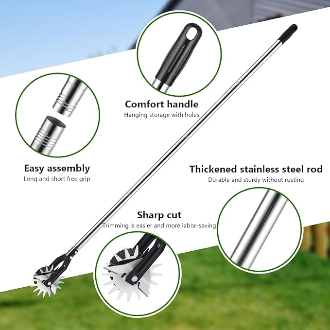 Edger Lawn Tool, 53.2 inch Manual Lawn Edger with 3 Sections Stainless Steel Handle, Rotary Grass Edger Tool with Wheel, Garden Edger for Landscaping Sidewalk Yard