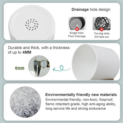 5 Pack Cylindrical Flower Pots with 7/6.5/6/5/4 inch, Modern Small Plastic Plant Pots with Drainage Holes & Saucers, Round Planter Pots for Outdoor, Indoor & Office Decor (White Brown)