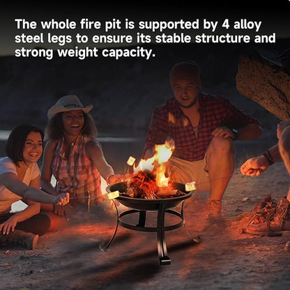 22-Inch Portable Round Metal Fire Pit Set, Durable Wood Burning Fireplace/Firepit with Steel Bowl, Mesh Lid, Poker, and Cover