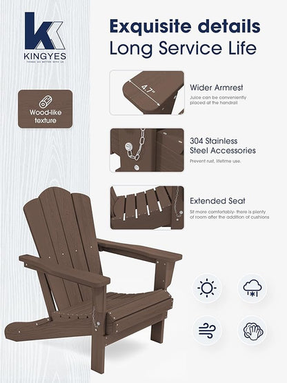 KINGYES Folding Adirondack Chair Set of 2, HDPE All-Weather Folding Adirondack Chair, Brown