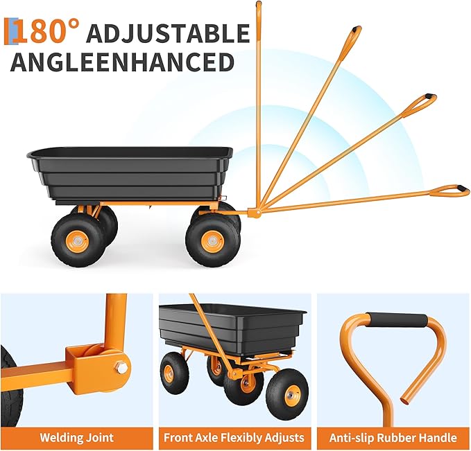 6 Cu.Ft. 1200Lbs Garden Cart Dump Wagon, Heavy-Duty 4 Wheel Wheelbarrow Yard Cart with 13-Inch All-Terrain Wheels, Features A Quick-Release Tipping Function, for Courtyards, Farm and Gardening