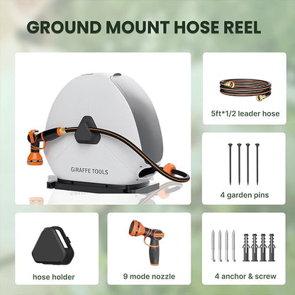Giraffe Tools Retractable Hose Reel with 1/2 Inch x 100FT, Heavy Duty Ground Mount Garden Hose Reel, Automatic Rewind,with 9-Function Sprayer Nozzle & Flexible Swivel Base