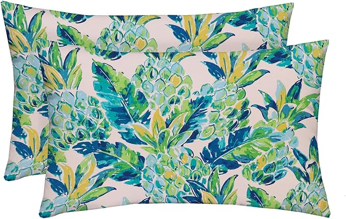 RSH DECOR: Lumbar Throw Pillows Set of 2 | 20” x 12" | All-Weather Spun Fabric | Water and Fade-Resistant | Outdoor Support Pillows for Patio Furniture | Vida Opal Pineapple