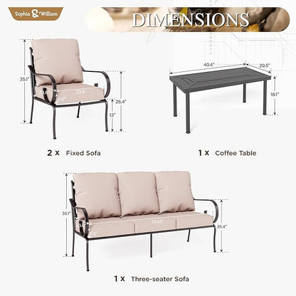Sophia & William 4 Piece Patio Furniture Set, Outdoor Conversation Sets 5 Seat Clearance with 3-seat Sofa x 1, Cushioned Chair x 2, Metal Coffee Table x 1 for Backayrd Lawn, Beige