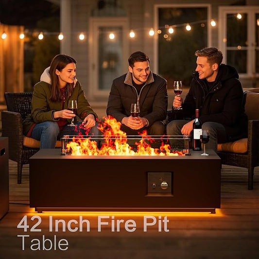 42" Outdoor Fire Pit Table, 50,000 BTU Gas Fire Pit with Glass Wind Guard, Fire Stones, Waterproof Cover, Propane Fire Pit Table for Outside Patio (Warm Light, Black)