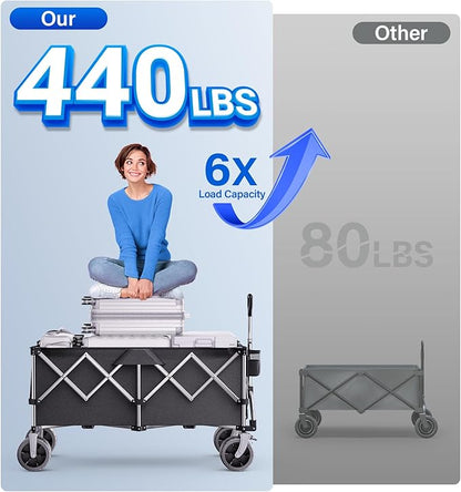 Collapsible Wagon, 440lbs Foldable Wagons Carts with Big Wheels, Heavy Duty Folding Wagon for Beach/Garden/Camping/Grocery-Ink Black