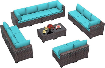 Outdoor Patio Furniture Set, 14 Pieces Outdoor Furniture All Weather Patio Sectional Sofa PE Wicker Modular Conversation Sets with Coffee Table,12 Chairs & Seat Clips(Turquoise Blue)