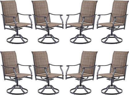 Swivel Patio Chairs Set of 8, Outdoor Patio Dining Chairs with Padded Textilene, Swivel & Rocker Metal Outdoor Dining Chairs All-Weather for Backyard, Brown Fabric with Black Frame