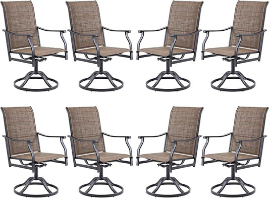 Swivel Patio Chairs Set of 8, Outdoor Patio Dining Chairs with Padded Textilene, Swivel & Rocker Metal Outdoor Dining Chairs All-Weather for Backyard, Brown Fabric with Black Frame