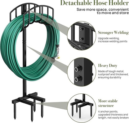 Garden Hose Holder Detachable Heavy Duty Metal Water Hose Hanger, Freestanding Hose Storage Stand Rack for Outside (Black)