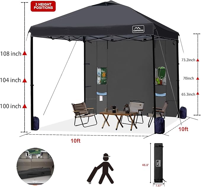 KAMPKEEPER 10x10 Easy Pop Up Canopy Tent with Sidewalls, Instant Outdoor Shade Shelter with Removable 10FT Sun Walls, Quick Setup Waterproof and UV-Resistant for Patio (Black, 1 sidewall)