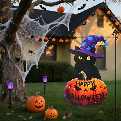 Halloween Black Cat Garden Flags 12x18 Inch Double Sided, Happy Halloween Pumpkin Welcome Small Yard Flags for Outside, Farmhouse Front Porch Outdoor Fall Decor Holiday All Seasons Decoration