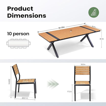 Pellebant 11 Piece Patio Table and Chairs Set for 10, Aluminum Outdoor Dining Set with Umbrella Hole, Stackable Dining Chairs & 94" Dining Table, Brown