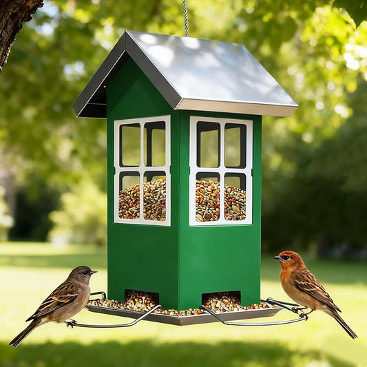 Upgrade All Metal Chew Proof Design Squirrel Proof Bird Feeder Large, 4 Drainage Holes for Easy Cleaning, Outdoor Hanging Window Feeder for Wild Birds