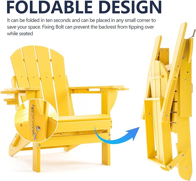 Folding Adirondack Chair, HDPE Outdoor Texture Lawn Chair with Reclining Back, Cup and Phone Holder - Comfortable Firepit Chair Weather Resistant for Patio or Backyard (Yellow, Set of 2)