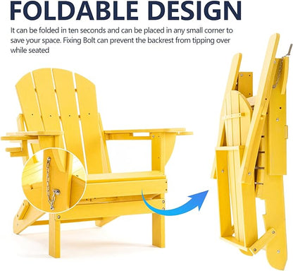 Folding Adirondack Chair, HDPE Outdoor Texture Lawn Chair with Reclining Back, Cup and Phone Holder - Comfortable Firepit Chair Weather Resistant for Patio or Backyard (Yellow, Set of 2)