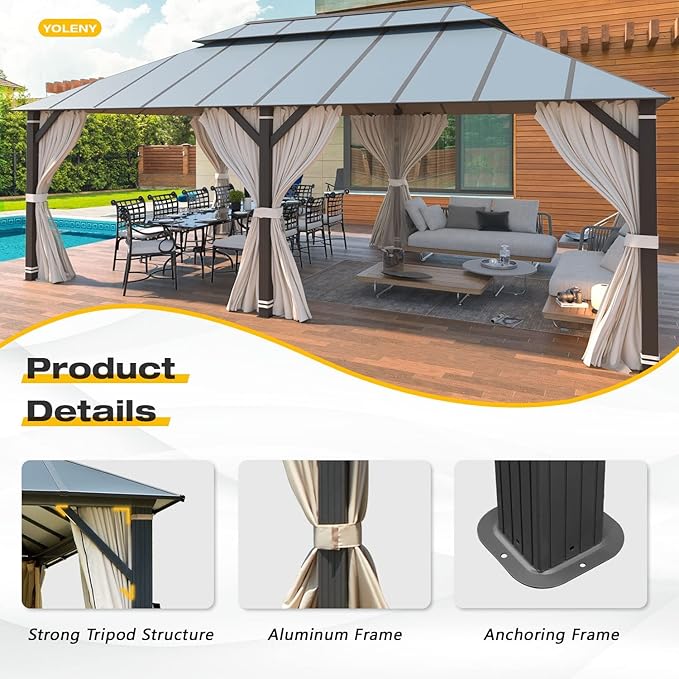 YOLENY 12' X 20' Hardtop Gazebo, Aluminum Composite Ventilation Double Roof Permanent Outdoor Pavilion Pergola Party Tent for Patio, Lawn, Garden, Poolside, Curtains and Netting Included