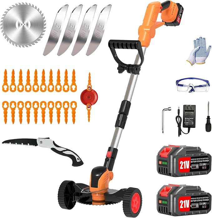 Electric Weed Wacker, Cordless Eater Battery Powered Eater Lightweight Edger Portable Stringless Grass Trimmer/Lawn Mower/Brush Cutter, with 3 Types Blades & Wheels for Yard and Garden