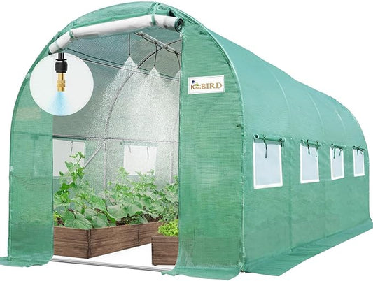 KING BIRD Premium 15x6.6x6.6FT Greenhouse for Outdoors, Large Walk-in Heavy Duty Galvanized Steel Frame, Mesh Door Screen Window Tunnel Hoop Garden Plant Winter Hot House, with Watering Kits, Green