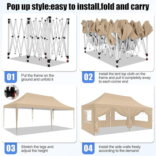 COBIZI 10x20 Pop Up Canopy with 6 Sidewall, Commercial Canopy UPF 50+ Waterproof Outdoor Gazebo with Carry Bag, Tents for Parties with Upgrade Frame, 3 Height Adjustable, Khaki