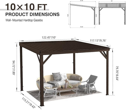 Domi 10'x10' Lean to Gazebo Hardtop, Expandable Wall Mounted Pergola with Gutters & Galvanized Steel Roof, 60MPH Wind Resistance, Outdoor Heavy Duty Metal Awning for Patio, Deck, Backyard - Brown