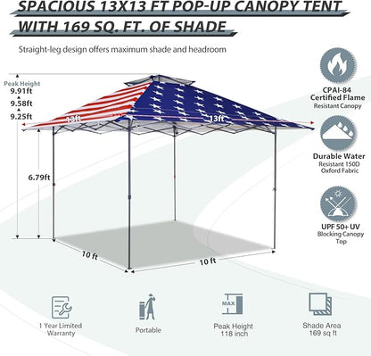 EAGLE PEAK 13x13 Straight Leg Pop Up Canopy Tent Instant Outdoor Canopy Easy Single Person Set up Folding Shelter w/Auto Extending Eaves 169 Square Feet of Shade (American Flag)