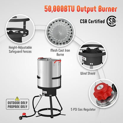 30 Qt Aluminum Turkey Fryer Pot with Stockpot Basket & 50,000 BTU Propane Gas Burner, Outdoor Deep Fryer & Seafood Boil Pot-Outdoor Cooker for Crawfish, Crab, Shrimp and Frying