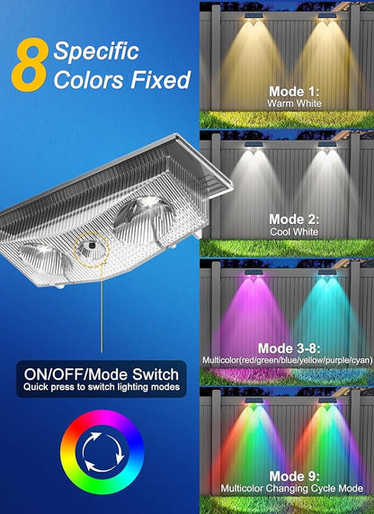 Solar Fence Lights, Fence Light Solar Powered with 6 RGB Colors/Warm White/Cool White, Dusk to Dawn Deck Lights Waterproof, Bright Solar Outdoor Light for Backyard, Outside, Wall, Step(4 Packs)