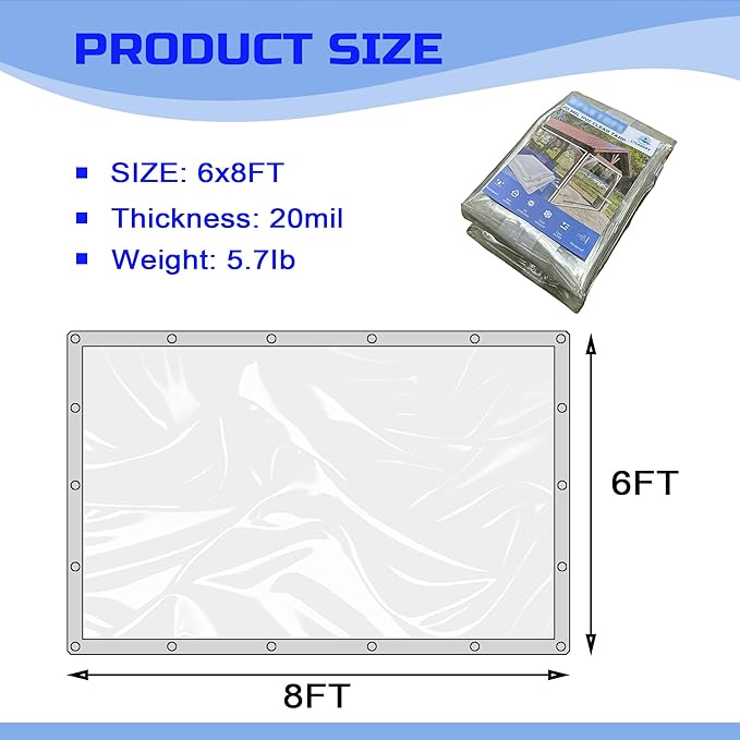 Clear Tarp 6 x 8FT, 20 Mil Clear Vinyl Tarp, Small Cover Plastic Sheeting with Grommets, Double-Stitched Reinforced Edges, Heavy Duty Tarps Waterproof and Tearproof